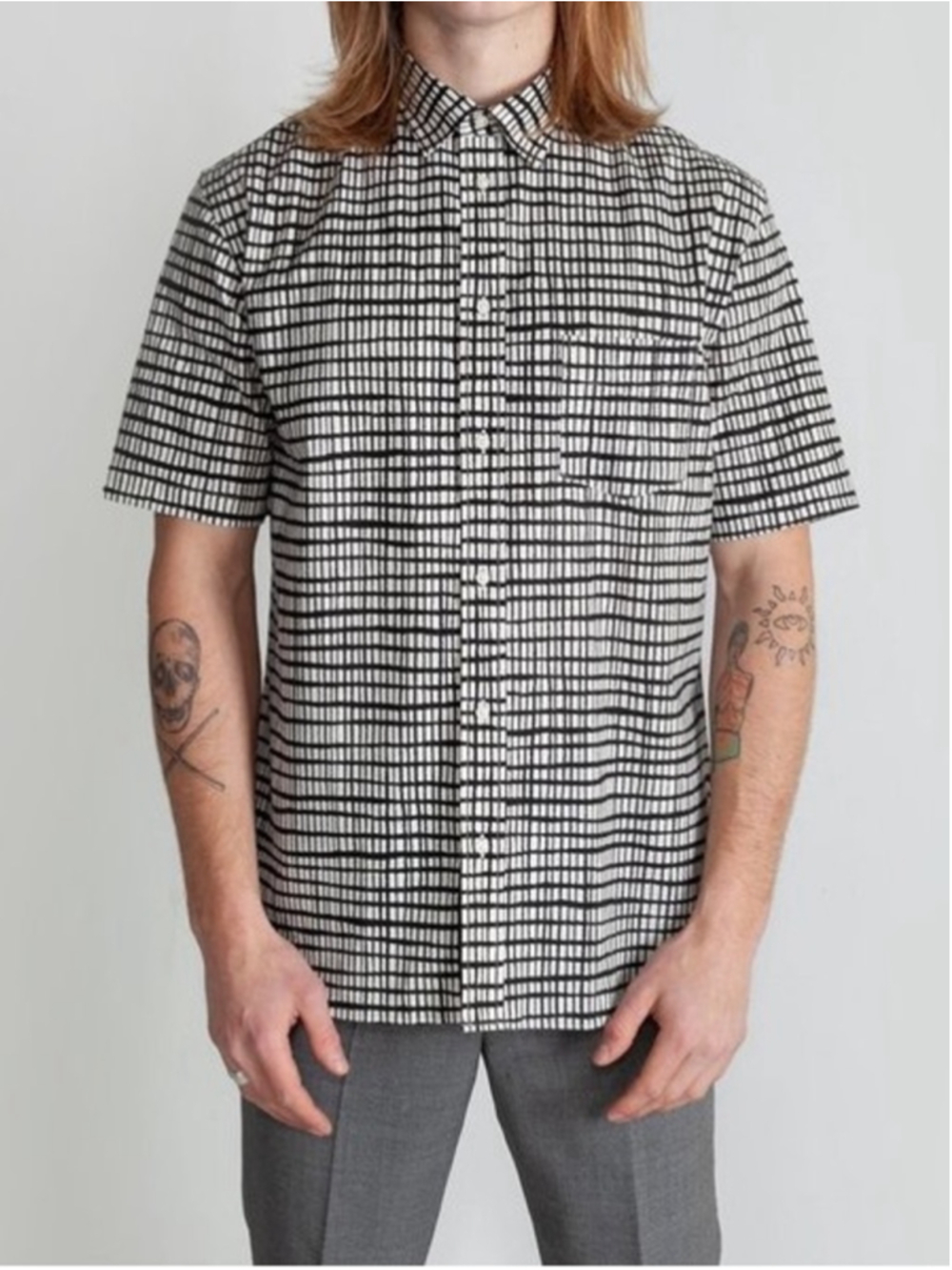 National Standards Cotton Japanese Grid Print Shirt in Off White/Black Size M